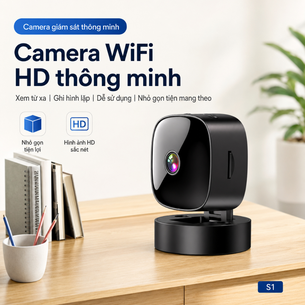 Camera Giám Sát Mini S1 HD 1080P – Nhỏ Gọn, Xem Từ Xa Qua Điện Thoại, Phù Hợp Gia Đình/Cửa Hàng