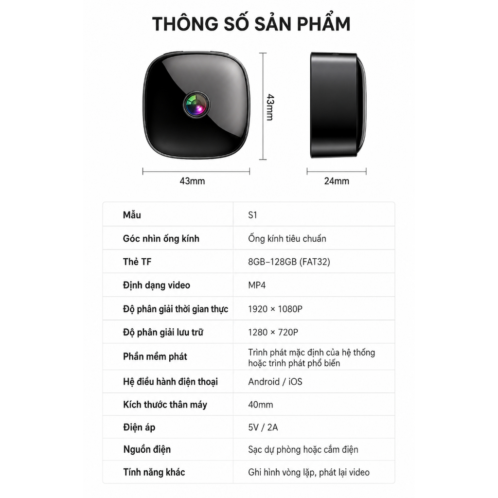 Camera Giám Sát Mini S1 HD 1080P – Nhỏ Gọn, Xem Từ Xa Qua Điện Thoại, Phù Hợp Gia Đình/Cửa Hàng