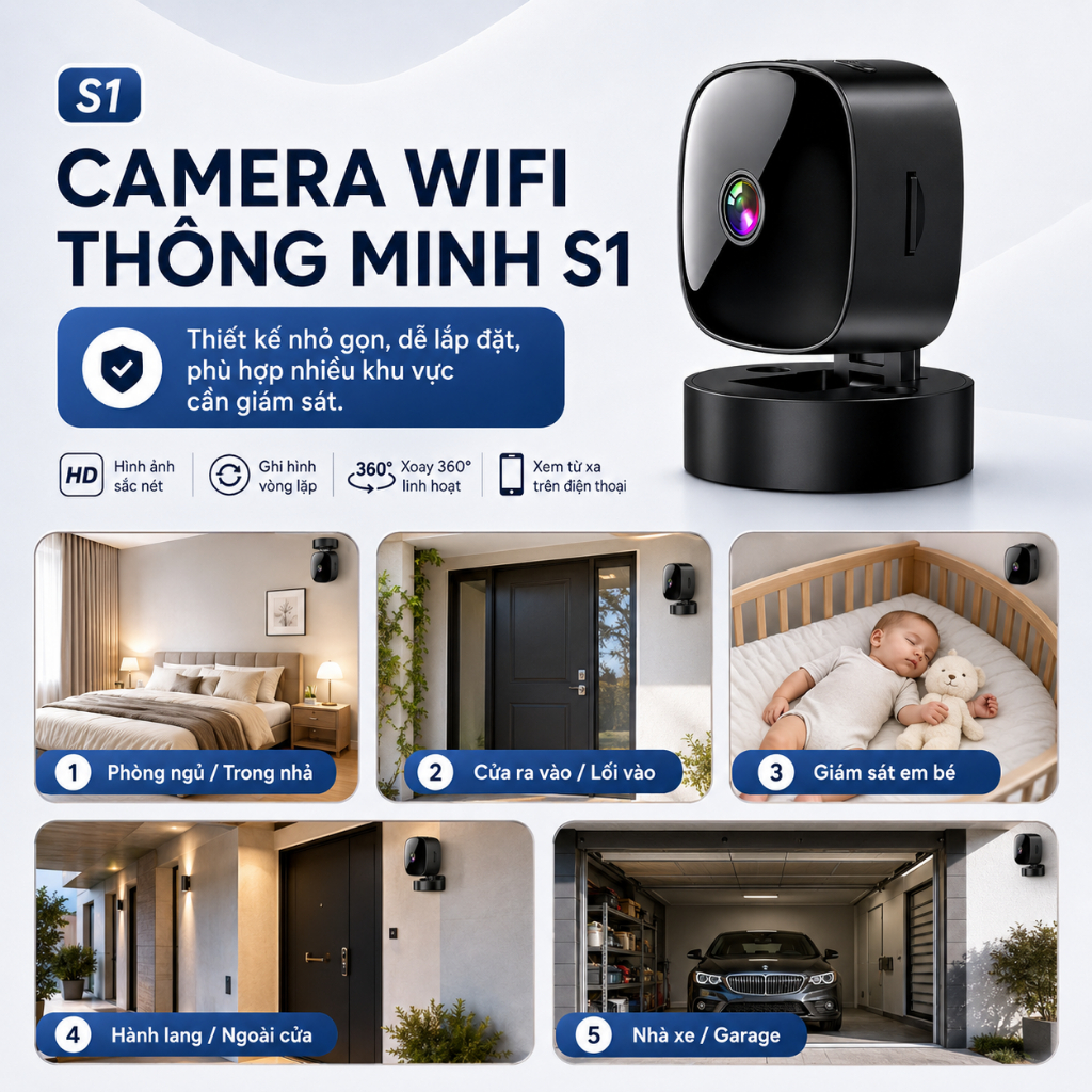 Camera Giám Sát Mini S1 HD 1080P – Nhỏ Gọn, Xem Từ Xa Qua Điện Thoại, Phù Hợp Gia Đình/Cửa Hàng
