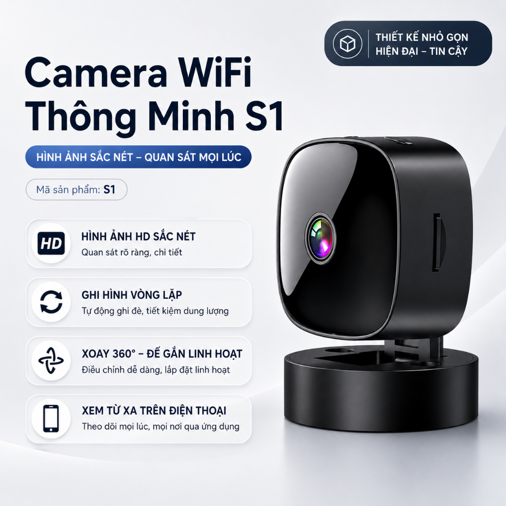 Camera Giám Sát Mini S1 HD 1080P – Nhỏ Gọn, Xem Từ Xa Qua Điện Thoại, Phù Hợp Gia Đình/Cửa Hàng