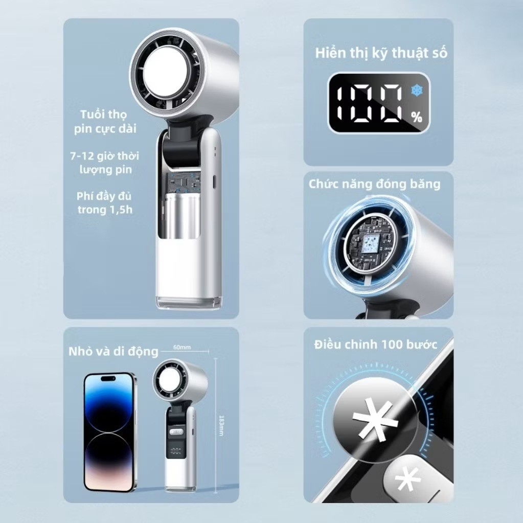 Quạt Cầm Tay Sò Lạnh K801, Màn Hình Kỹ Thuật Số Lạnh Sâu Nhanh, Pin 4000mAh,Đèn LED, Sạc Type-C 2026