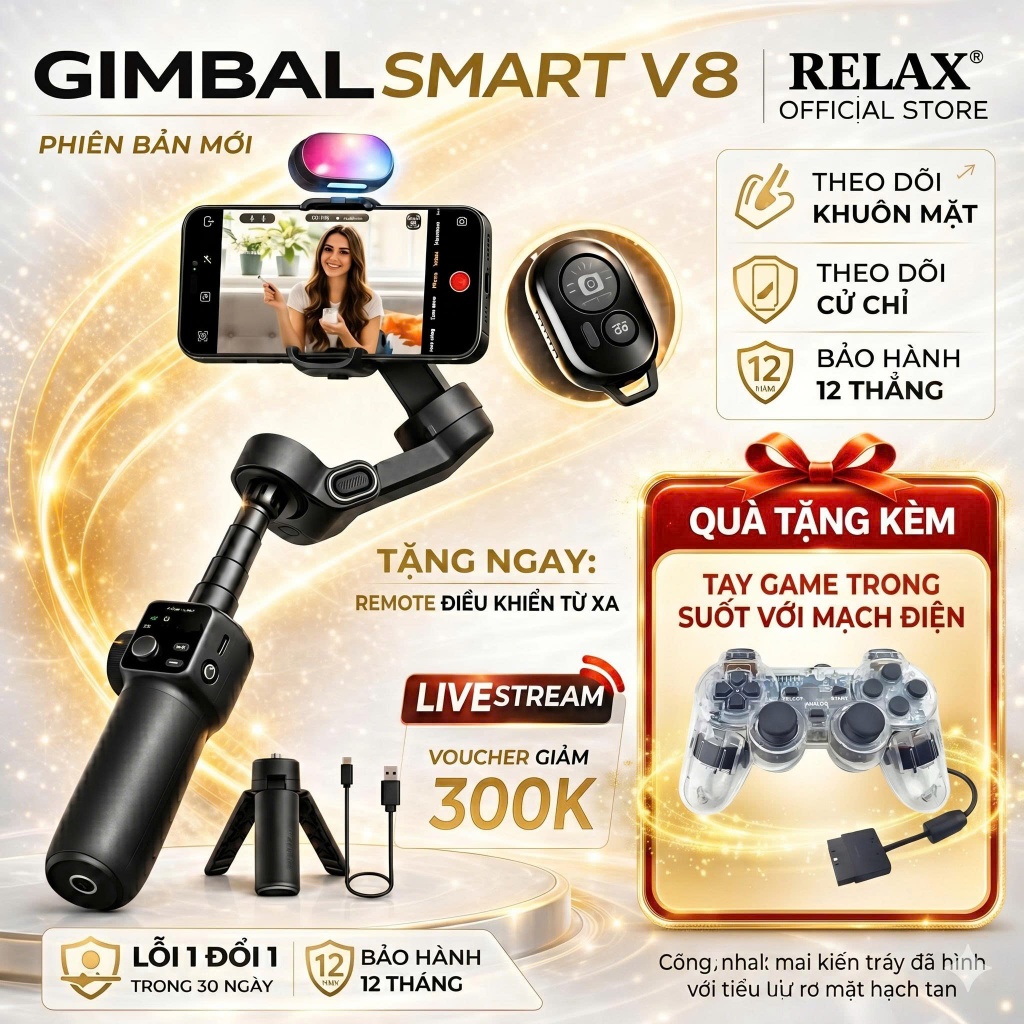 Gimbal SMART V8 KIT - Tích hợp đèn led RGB - Pin 1600 mAh Gậy quay phim chống rung cho người mới