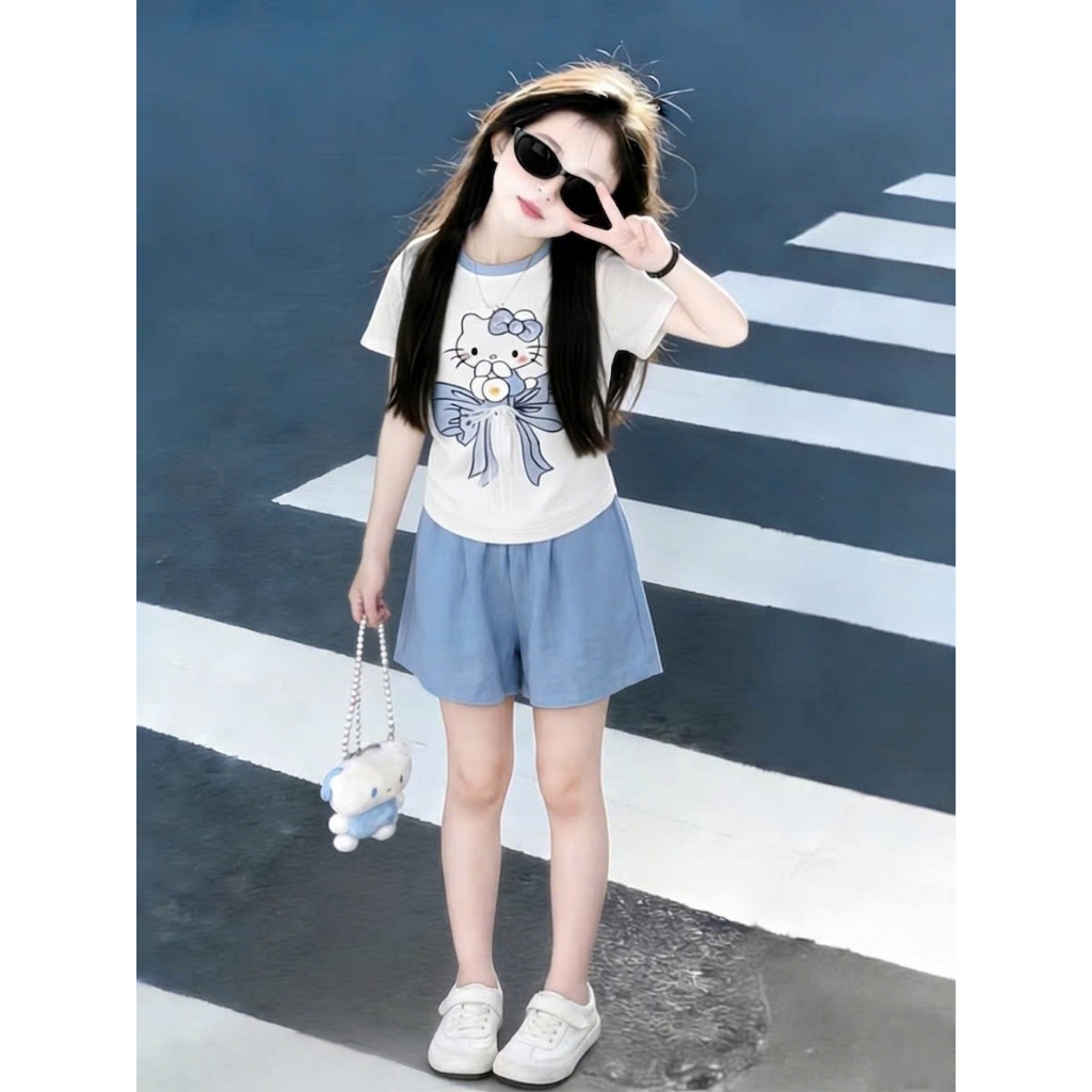 Sét quần áo đi chơi cho bé gái,in hình mèo nơ,chất vải cotton thấm hút mồ hôi thoải mái cho bé.M84