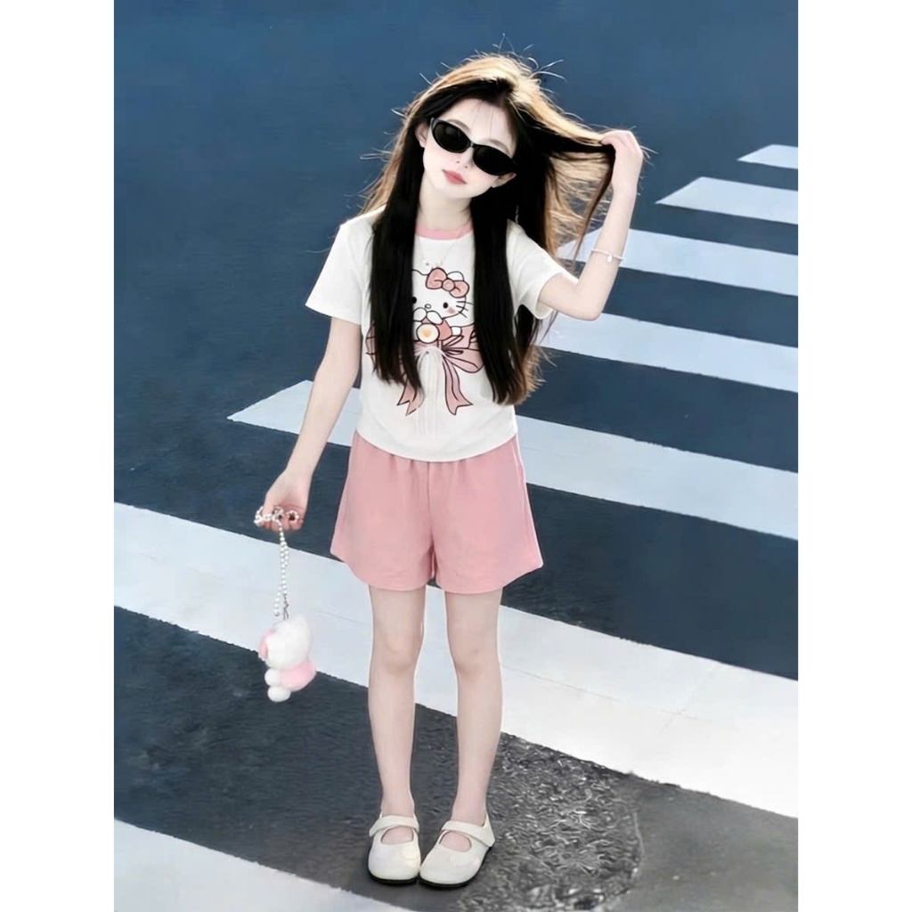 Sét quần áo đi chơi cho bé gái,in hình mèo nơ,chất vải cotton thấm hút mồ hôi thoải mái cho bé.M84