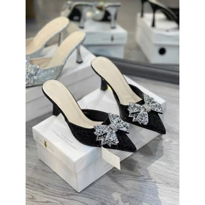Bigsize 35-41 Guốc sục chất da kim tuyến ánh kim gắn nơ đá gót nhon & vuông cao 5-9cm B16