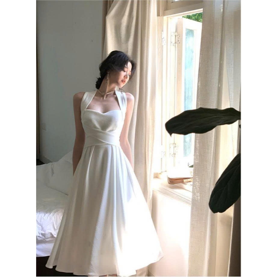 Váy Trắng Dự Tiệc Dáng Xòe, Đầm Cổ Yếm Nữ Sang Trọng Đi Tiệc Cưới Hẹn Hò Tôn Dáng Hack Eo