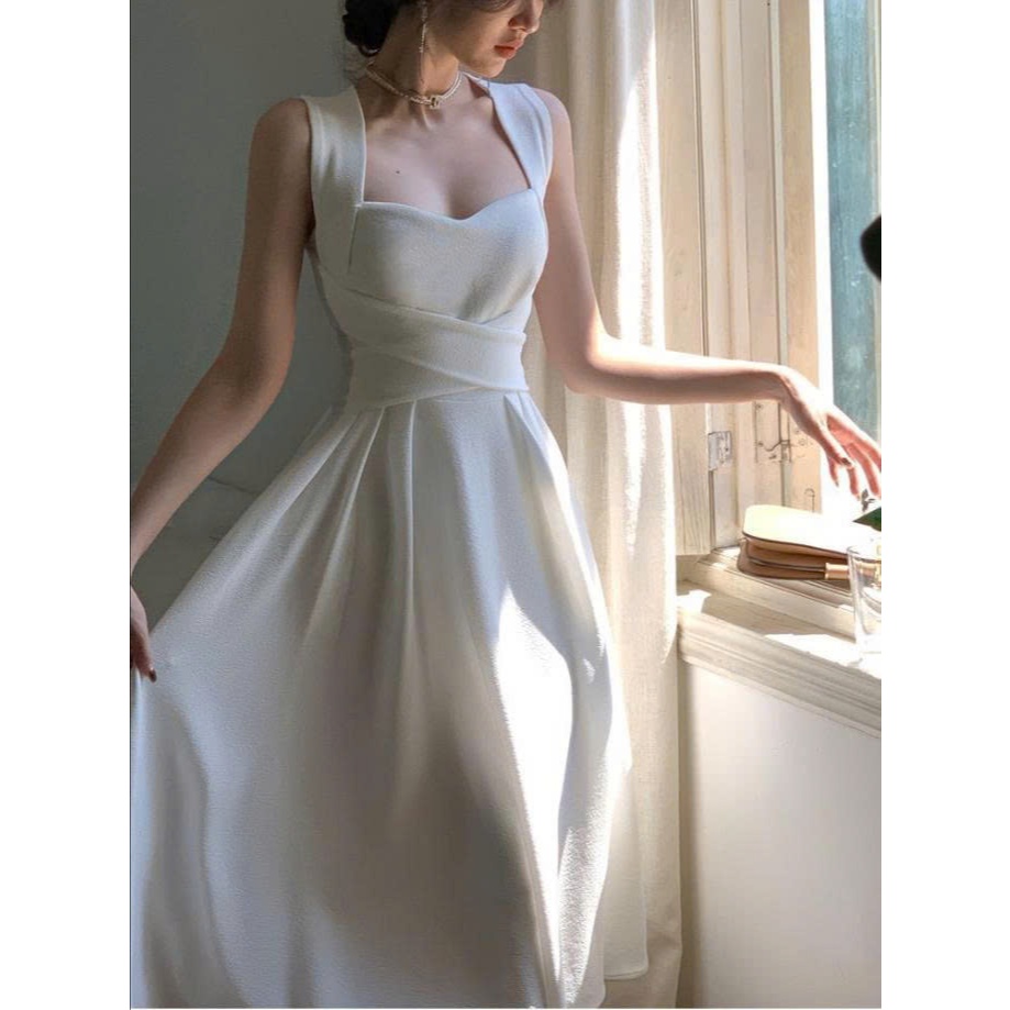 Váy Trắng Dự Tiệc Dáng Xòe, Đầm Cổ Yếm Nữ Sang Trọng Đi Tiệc Cưới Hẹn Hò Tôn Dáng Hack Eo