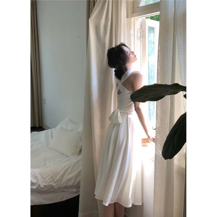 Váy Trắng Dự Tiệc Dáng Xòe, Đầm Cổ Yếm Nữ Sang Trọng Đi Tiệc Cưới Hẹn Hò Tôn Dáng Hack Eo