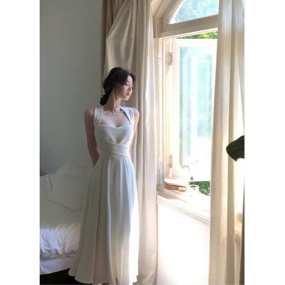 Váy Trắng Dự Tiệc Dáng Xòe, Đầm Cổ Yếm Nữ Sang Trọng Đi Tiệc Cưới Hẹn Hò Tôn Dáng Hack Eo