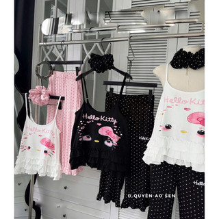 SET ÁO 2S MÈO MIX QUẦN NGỐ LỬNG BÈO HELLO KITTY KÈM DÂY BUỘC TÓC HOT HIT