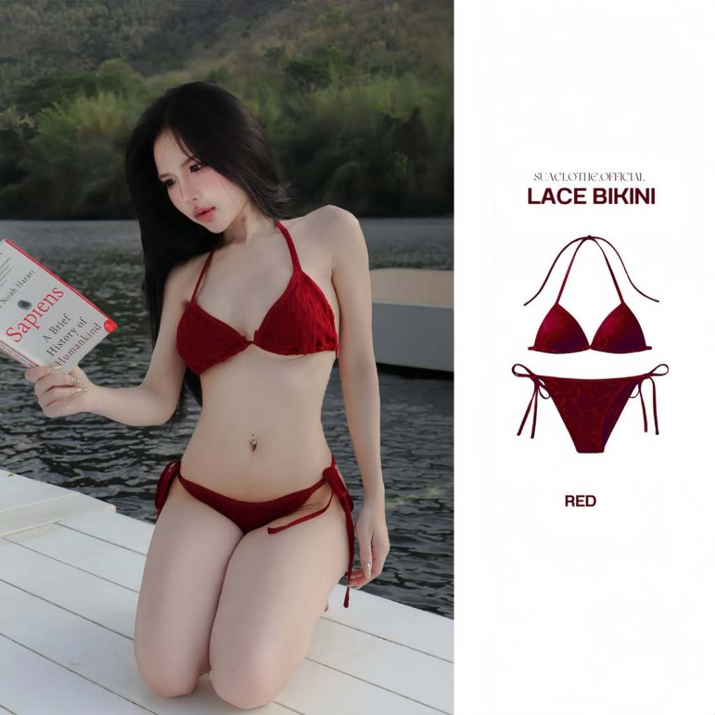 [SẴN] ONESOON Bikini 4 mảnh buộc dây sexy, bộ đồ bơi 2 mảnh phối ren kèm set áo hai dây, chân váy ngắn ôm body gợi cảm