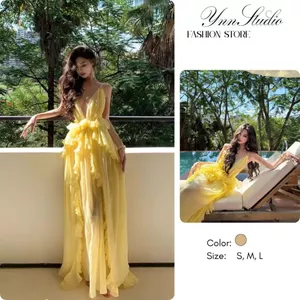 YNN STUDIO Đầm đi biển maxi màu vàng 2 dây tôn dáng