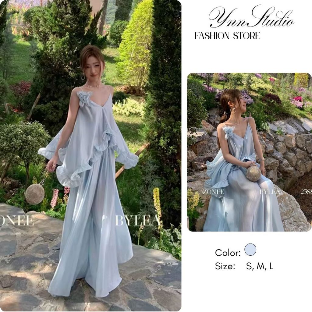 Set bộ áo 2 dây viền bèo + đầm dáng dài maxi xanh dương