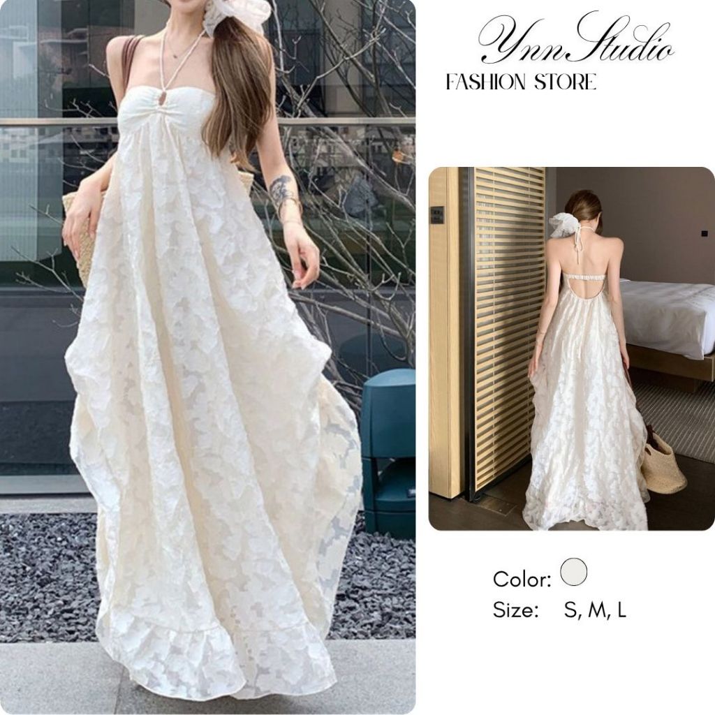 YNN STUDIO Đầm đi biển, đầm cổ yếm dáng dài Maxi trắng có mút ngực