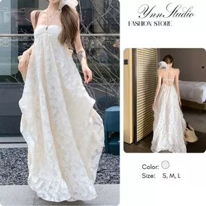 YNN STUDIO Đầm đi biển, đầm cổ yếm dáng dài Maxi trắng có mút ngực