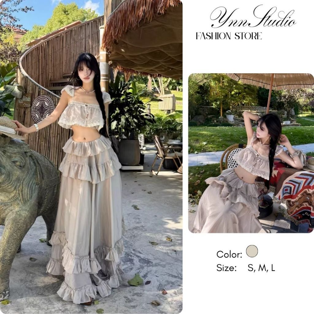 YNN STUDIO set bộ áo 2 dây và chân váy đi biển maxi viền bèo tiểu thư