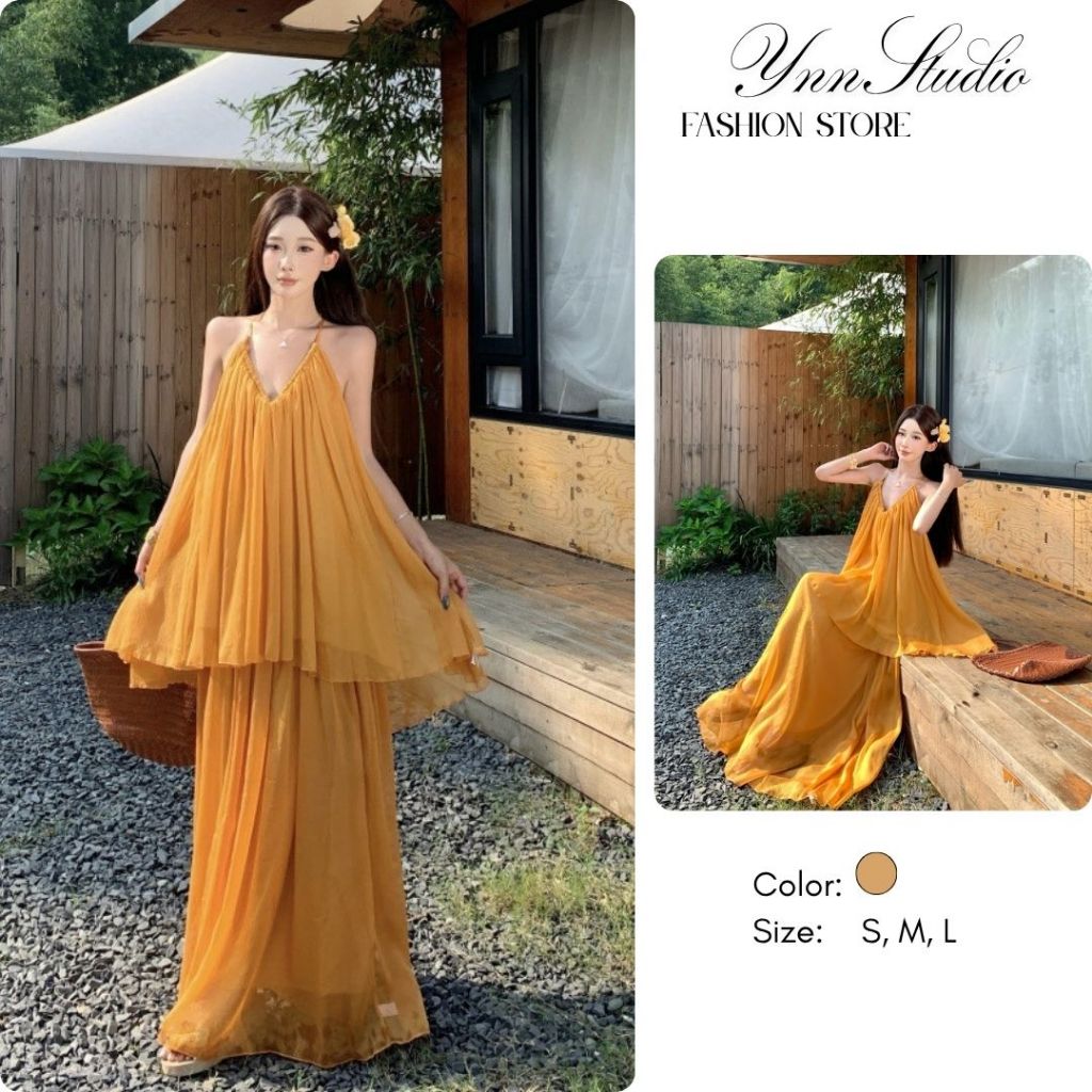 Set bộ nữ, set áo 2 dây cổ V và chân váy đi biển màu cam