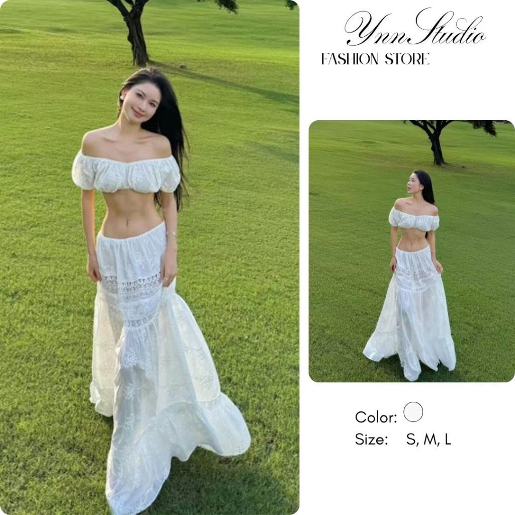 Set đầm đi biển 3 mảnh áo trễ vai và váy dáng dài maxi kèm Bikini ren thêu cao cấp