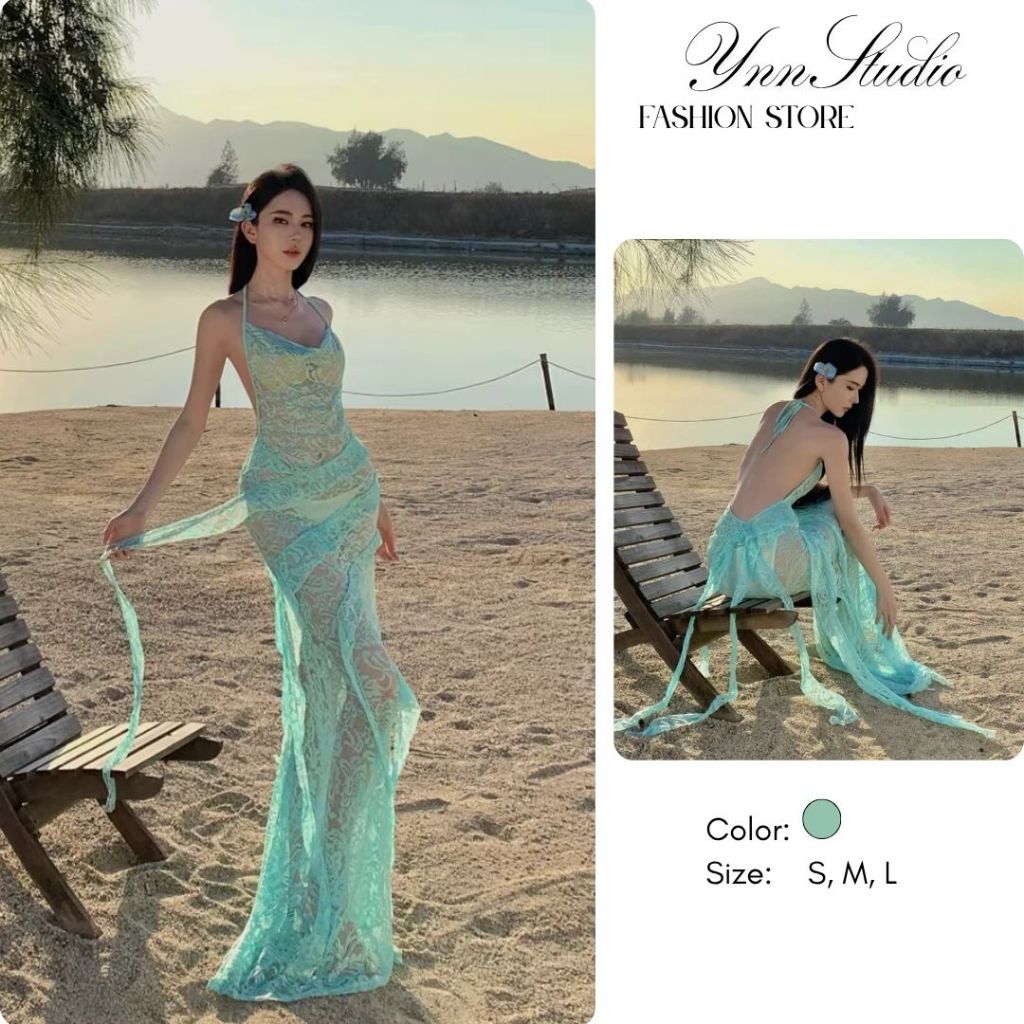 Đầm ren maxi đuôi cá hở lưng xuyên thấu