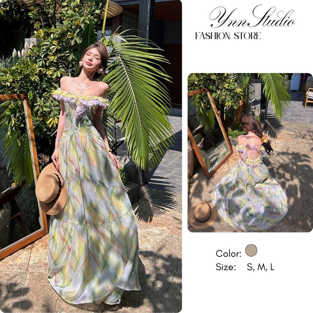 Đầm maxi hở lưng cổ bèo in hoa mùa hè