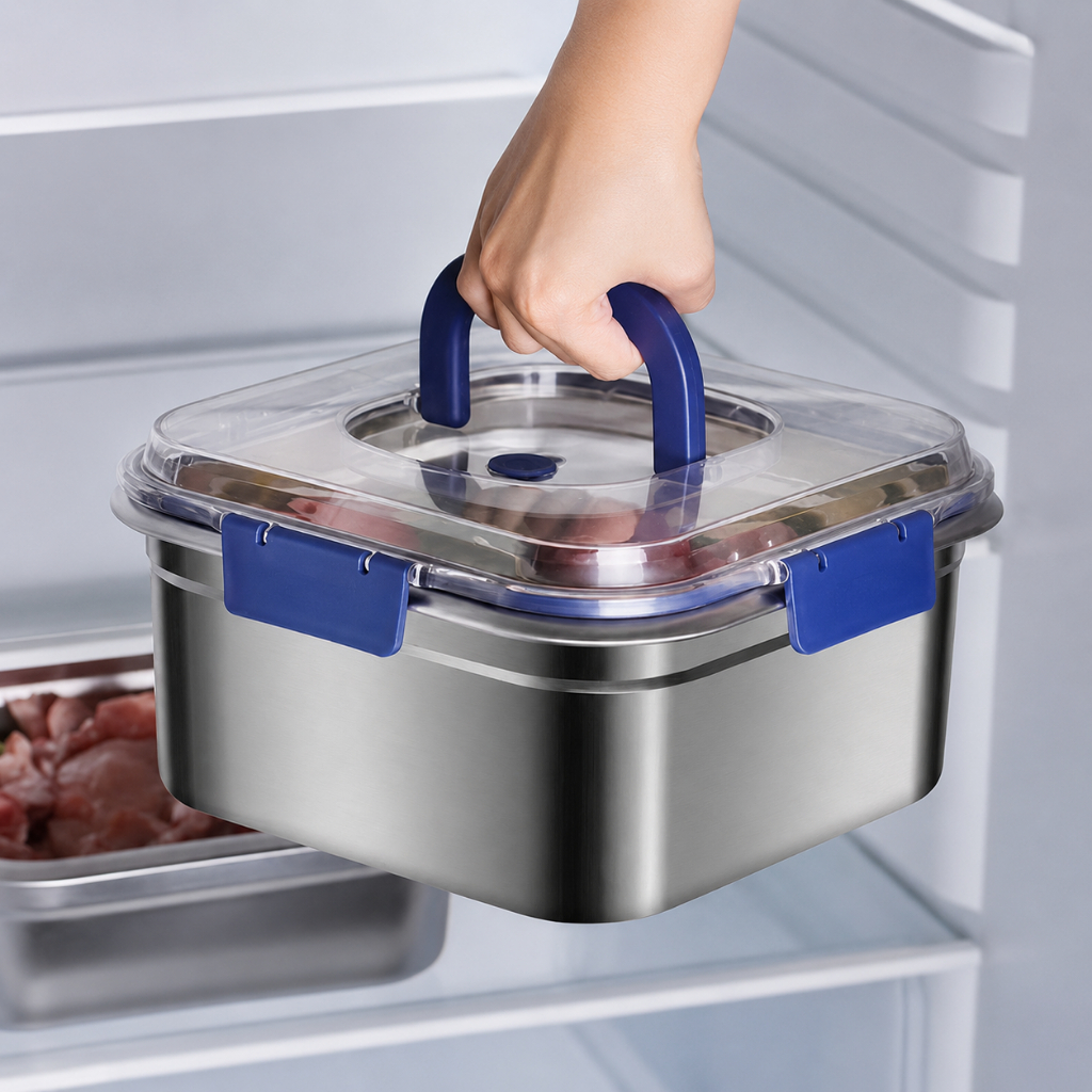 Hộp đựng thực phẩm inox 304 – Nắp khóa kín 4 cạnh, có quai xách, giữ thực phẩm tươi ngon