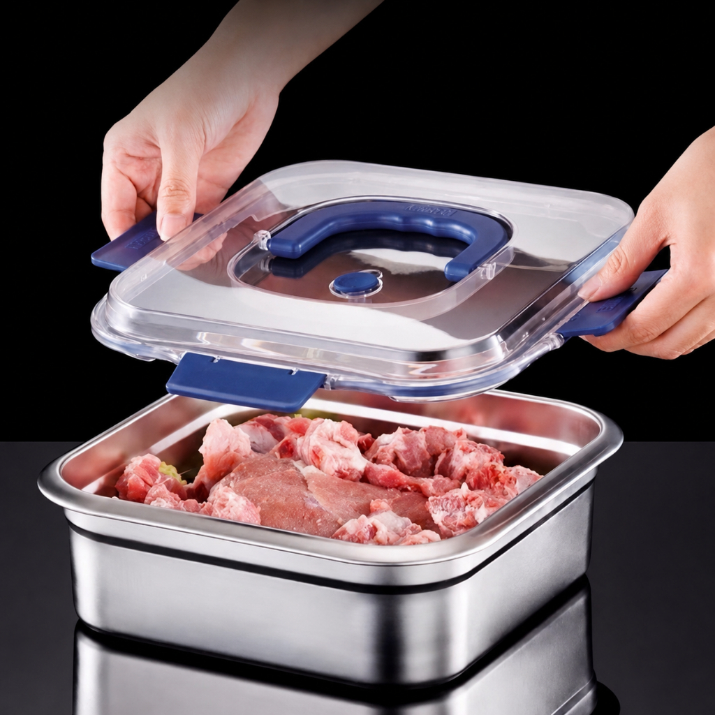 Hộp đựng thực phẩm inox 304 – Nắp khóa kín 4 cạnh, có quai xách, giữ thực phẩm tươi ngon
