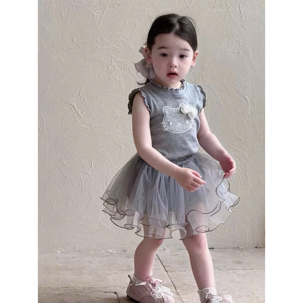 (Order) Set rời gồm áo sát nách tay bèo hình kitty + chân váy voan  bèo bồng đáng yêu dành cho bé gái từ 9-23kg