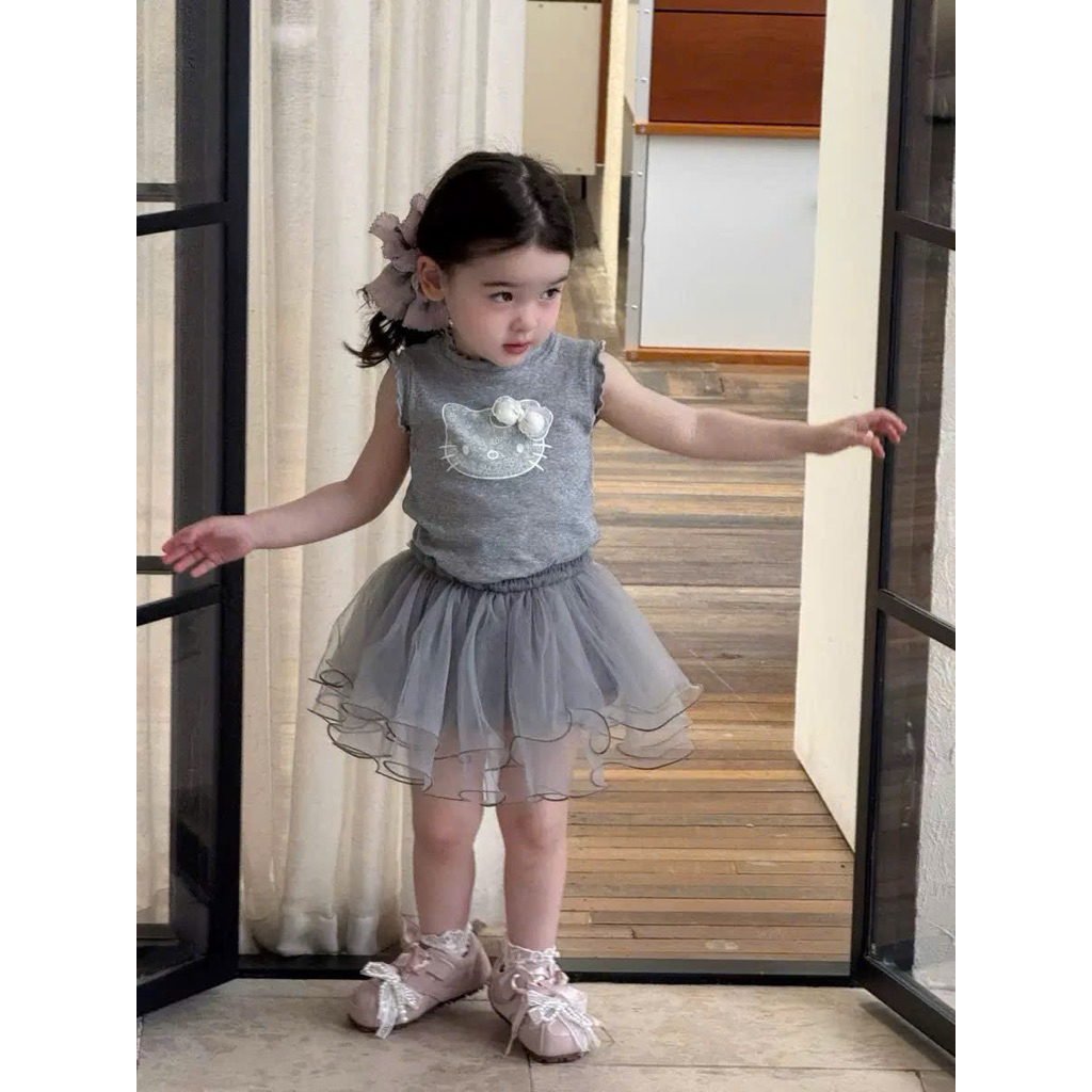 (Order) Set rời gồm áo sát nách tay bèo hình kitty + chân váy voan  bèo bồng đáng yêu dành cho bé gái từ 9-23kg
