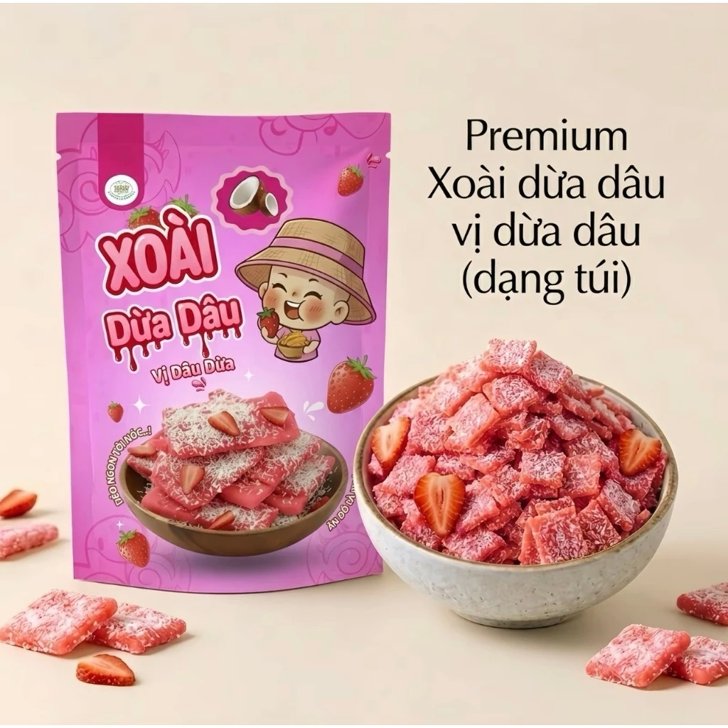 Xoài Sấy Dẻo Vị Dừa Dâu 100g Xuân Trường Food - Đồ ăn vặt, healthy snack vụ dừa, chua ngọt dễ ghiền