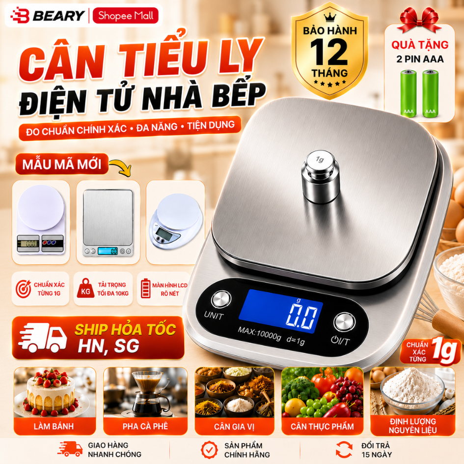 Cân Tiểu Ly Điện Tử Nhà Bếp 1g-10kg, 0,1g- 5kg METIS Độ Chính Xác Cao, Chất Liệu Hợp Kim Thép Bền Bỉ Tặng Kèm 2 pin