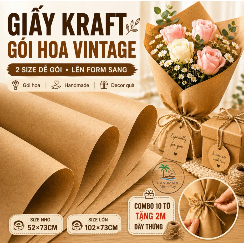 GIẤY KRAFT XI MĂNG GÓI QUÀ GÓI HOA 51-71cm Giấy dày decor vintage Combo 10 tặng 2m ruy băng dây đay