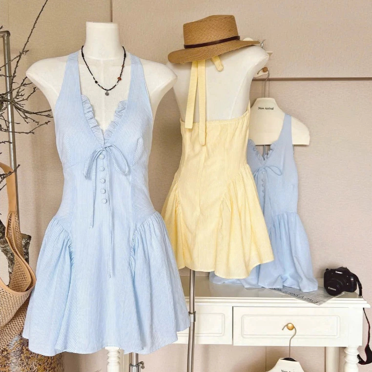 Váy cổ yếm dáng ngắn đi biển dáng xòe Jolie Clothing váy kẻ đũi chun lưng phong cách tiểu thư Hàn Quốc