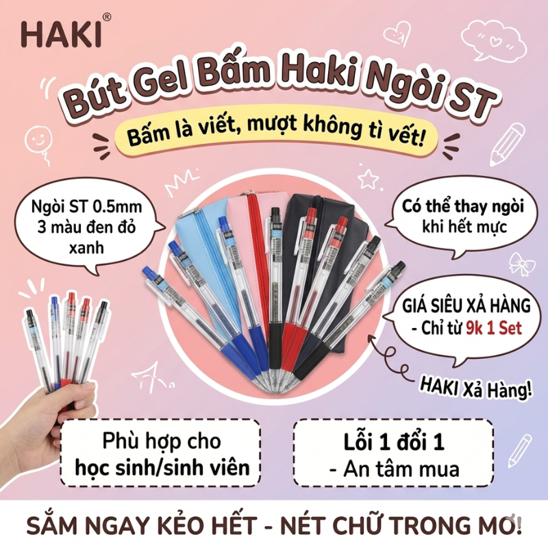 Bút bi bấm mực gel nước HAKI mực đen đỏ xanh viết đều mực phụ kiện văn phòng phẩm B05