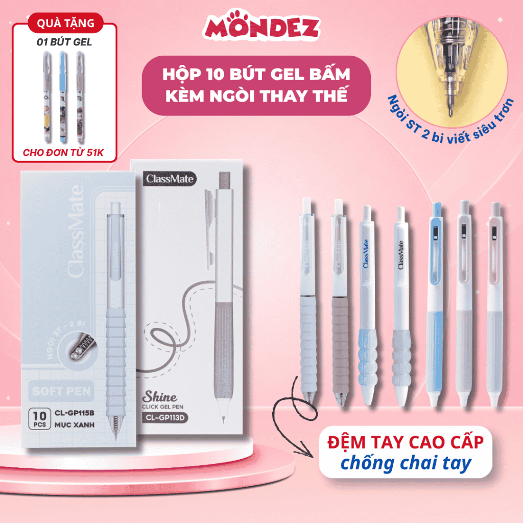 Hộp 10 Bút Gel Bấm CLASSMATE Đệm Tay Cao Cấp Chống Chai Tay, Ngòi 2 Bi 0.5mm Viết Trơn Tru Có Ngòi Thay Thế