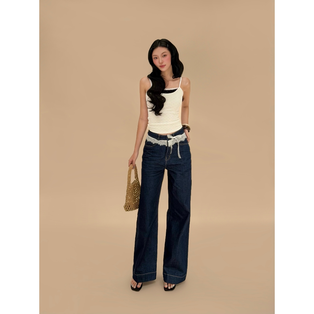 Quần jeans nữ ống rộng Ori Miều Est.2013 viền phối ren cột nơ phong cách