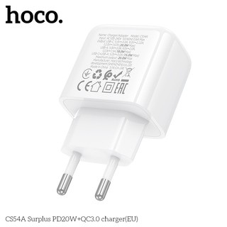 Cốc Sạc 2 cổng Hoco CS54A cổng TypeC PD 20W và USB-A QC3.0 18W, chân tròn EU (Trắng) - Phụ Kiện Nhất Tín