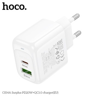 Cốc Sạc 2 cổng Hoco CS54A cổng TypeC PD 20W và USB-A QC3.0 18W, chân tròn EU (Trắng) - Phụ Kiện Nhất Tín
