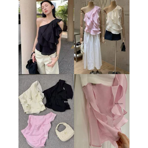 WGWE | Áo lệch vai viền bèo, dáng ôm croptop phong cách cá tính – W9396#