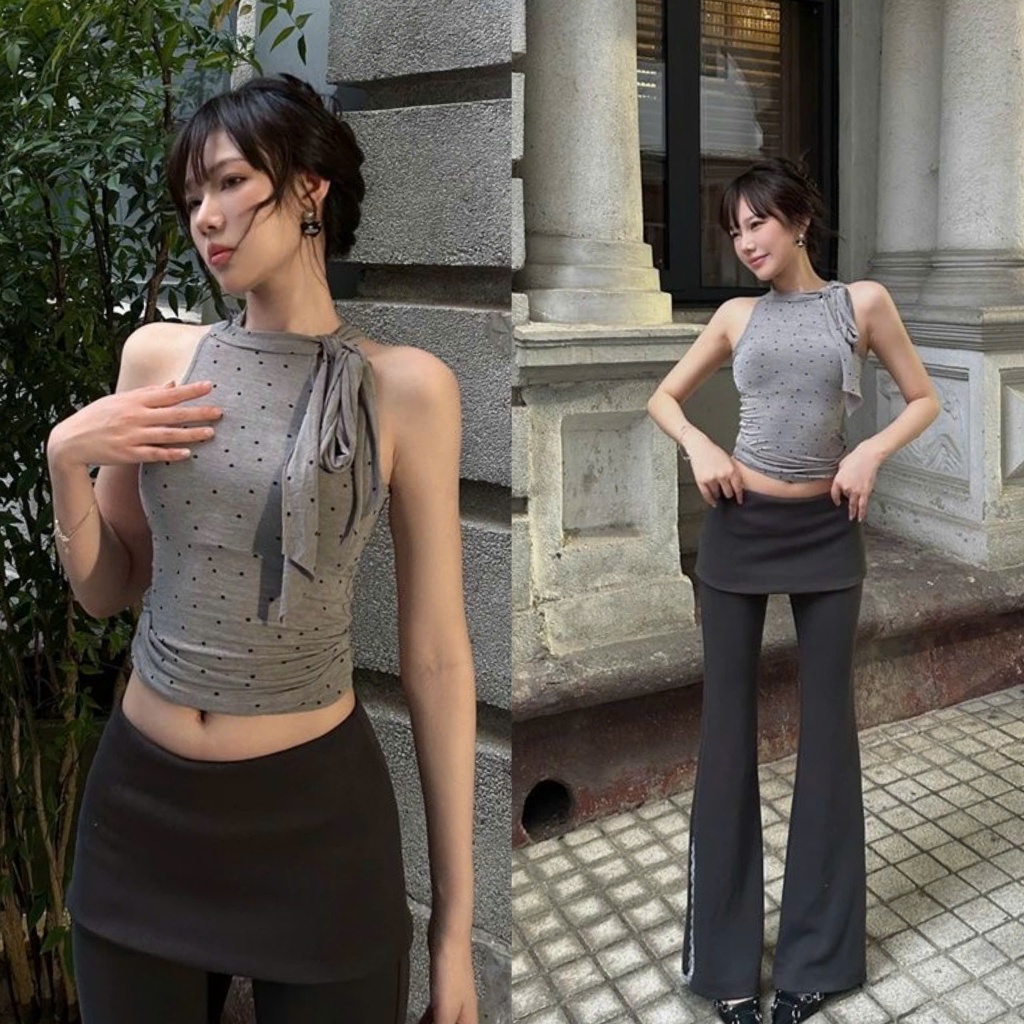(sẵn)Áo sát nách nơ buộc chấm bi màu ghi dáng ôm body thời trang nữ ASN094 - Tiktik