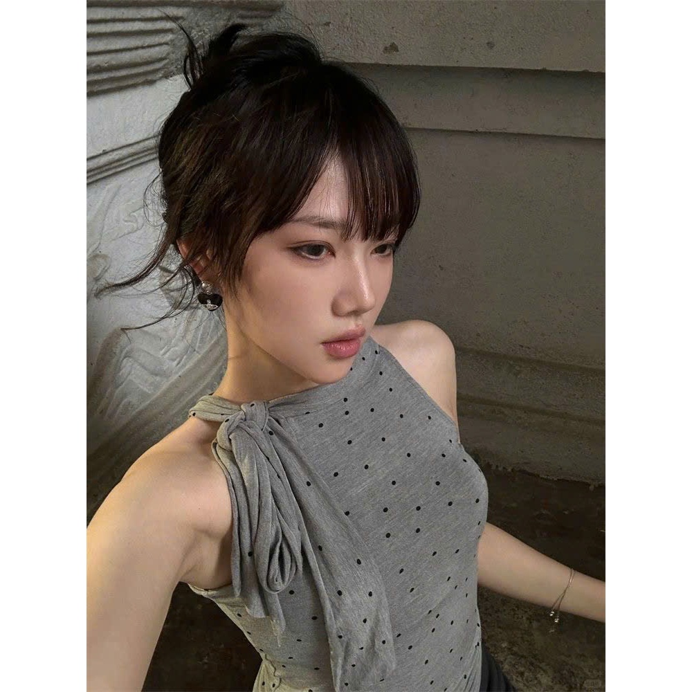 (sẵn)Áo sát nách nơ buộc chấm bi màu ghi dáng ôm body thời trang nữ ASN094 - Tiktik
