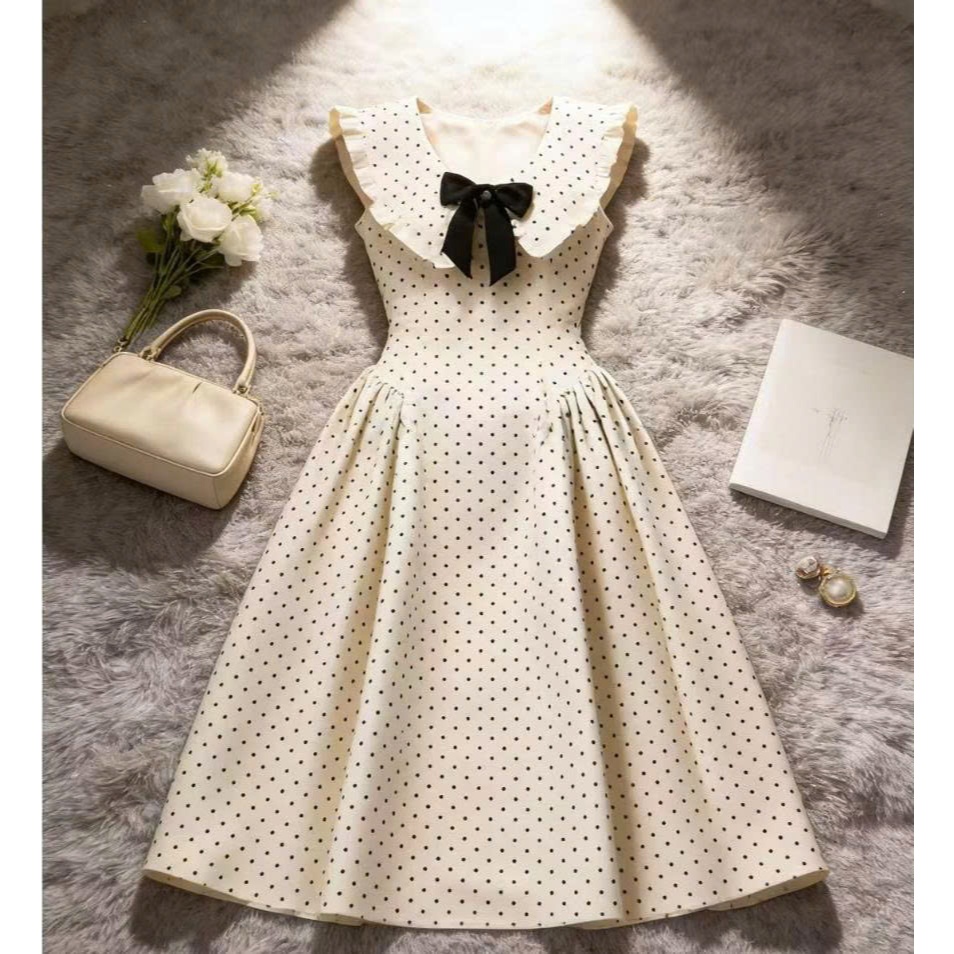 Váy Chấm Bi Tiểu Thư Cổ Bèo Thắt Nơ, Đầm Vintage Pháp Tay Phồng Dáng Xòe Sang Chảnh Élan Sweet