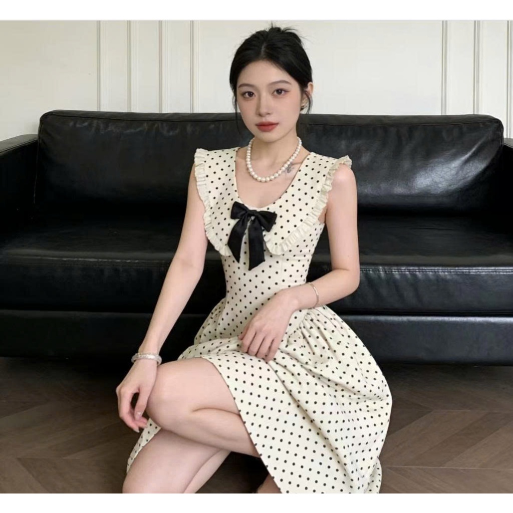 Váy Chấm Bi Tiểu Thư Cổ Bèo Thắt Nơ, Đầm Vintage Pháp Tay Phồng Dáng Xòe Sang Chảnh Élan Sweet