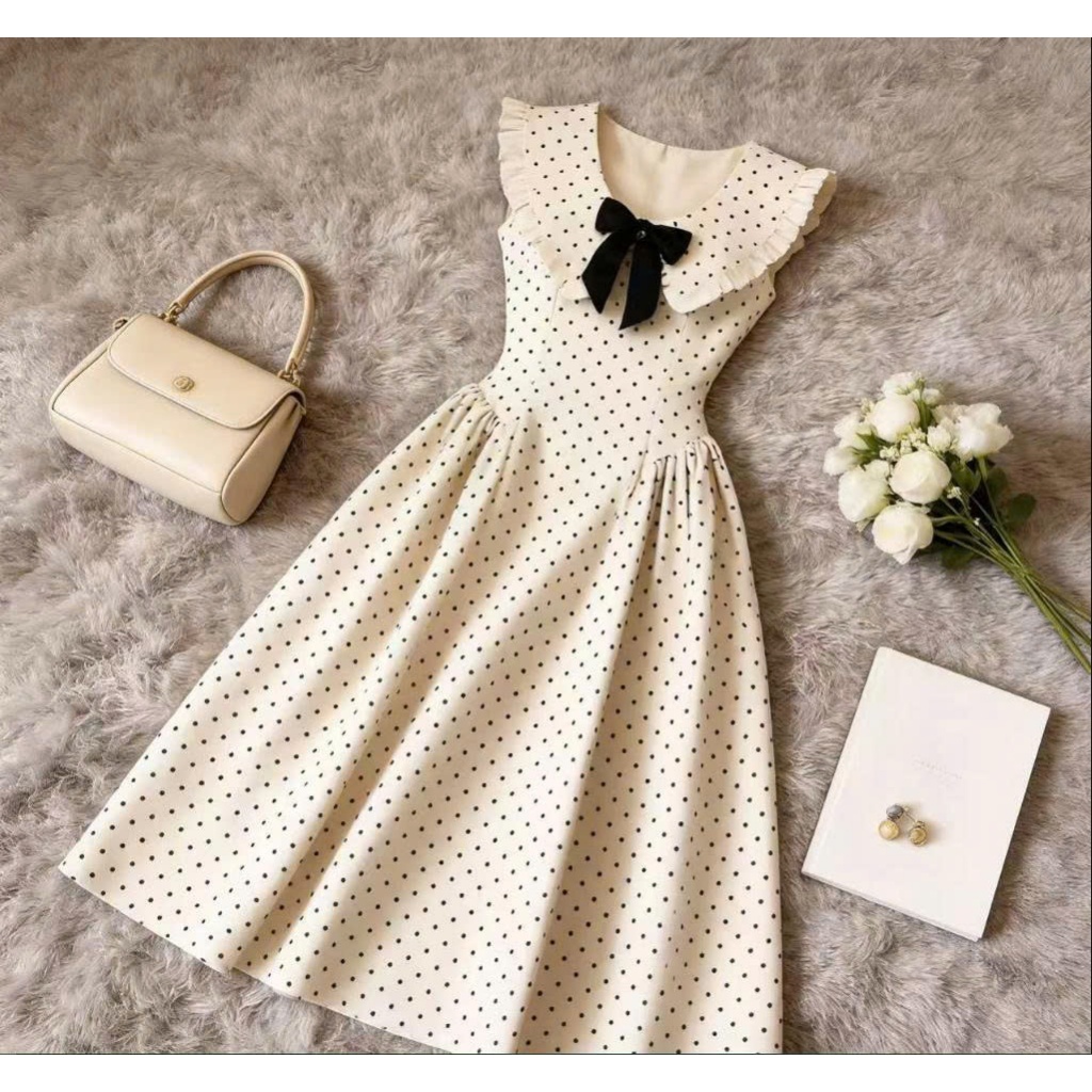 Váy Chấm Bi Tiểu Thư Cổ Bèo Thắt Nơ, Đầm Vintage Pháp Tay Phồng Dáng Xòe Sang Chảnh Élan Sweet