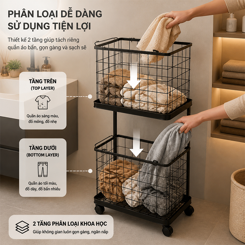 𝐎𝐥𝐢𝐟𝐞 Giỏ Đựng Quần Áo Hai Lớp Giỏ Đựng Quần Áo Có Bánh Xe Kệ Tầng Đa Năng Giá Treo Đồ Nhà Tắm