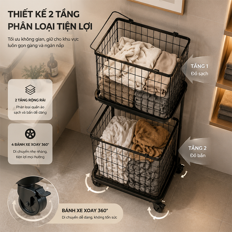 𝐎𝐥𝐢𝐟𝐞 Giỏ Đựng Quần Áo Hai Lớp Giỏ Đựng Quần Áo Có Bánh Xe Kệ Tầng Đa Năng Giá Treo Đồ Nhà Tắm