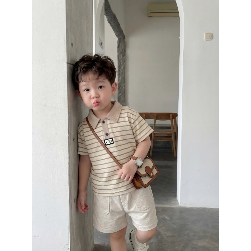Set bộ polo cộc tay bé trai hình cún kẻ ngang Miniumbaby, chất cotton mềm mặc đi chơi đi học SB2610