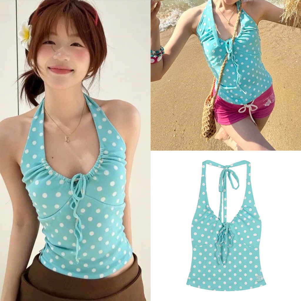 (sẵn)Áo sát nách dáng yếm xanh ngọc chấm bi buộc nơ chất thun co giãn ASN090 - Tiktik