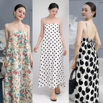 Váy suông dáng dài sang chảnh, Đầm maxi hoa nhí hai dây mặc nhà, váy suông nữ 2s đi biển, váy 2s chấm bi VD01 - KIM1