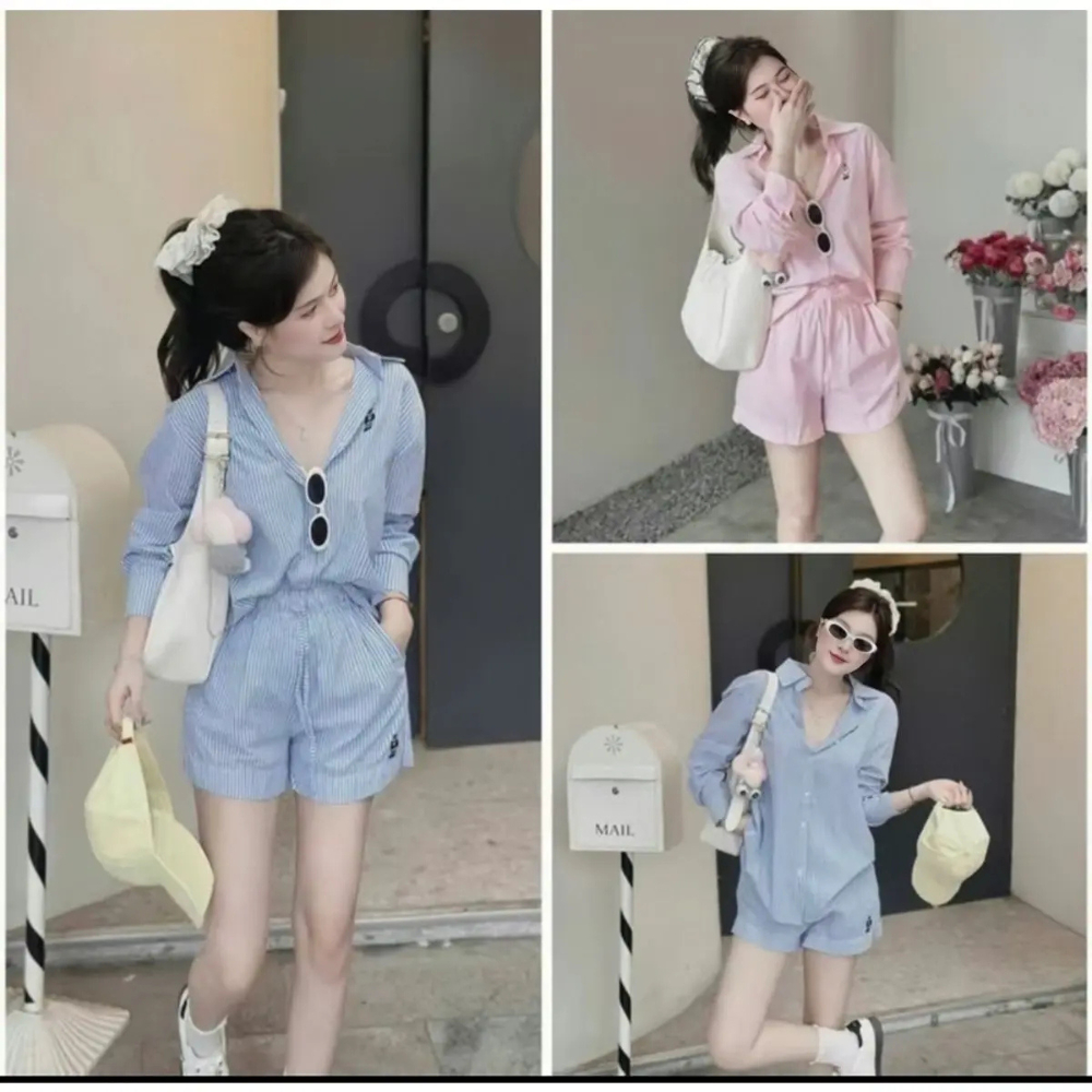 Set Bộ Áo Sơ Sọc Kẻ Thêu Gấu Kèm Quần Short Thun Năng Động, Chất cotton Thoáng Mát Dày Dặn - Có bigsizeBs078