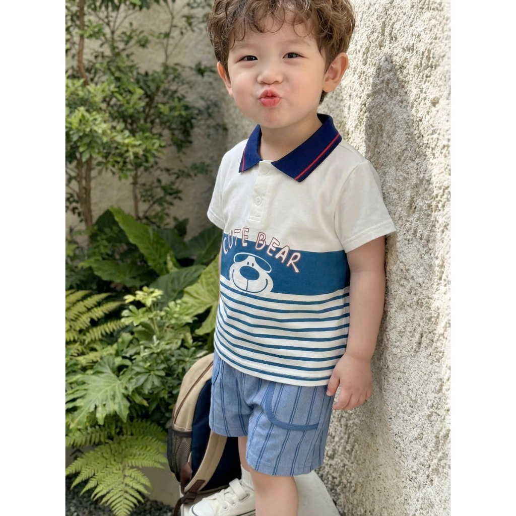Set bộ polo cộc tay bé trai Miniumbaby hình gấu mix chữ dễ thương, chất vải áo cotton mềm mịn SB2598